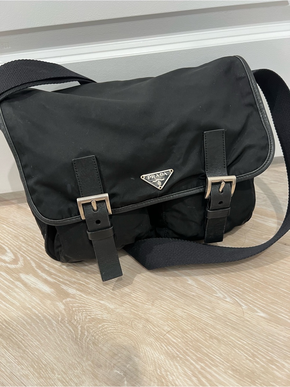 Prada Black Nylon Messenger Bag with Silver Triangle Logo